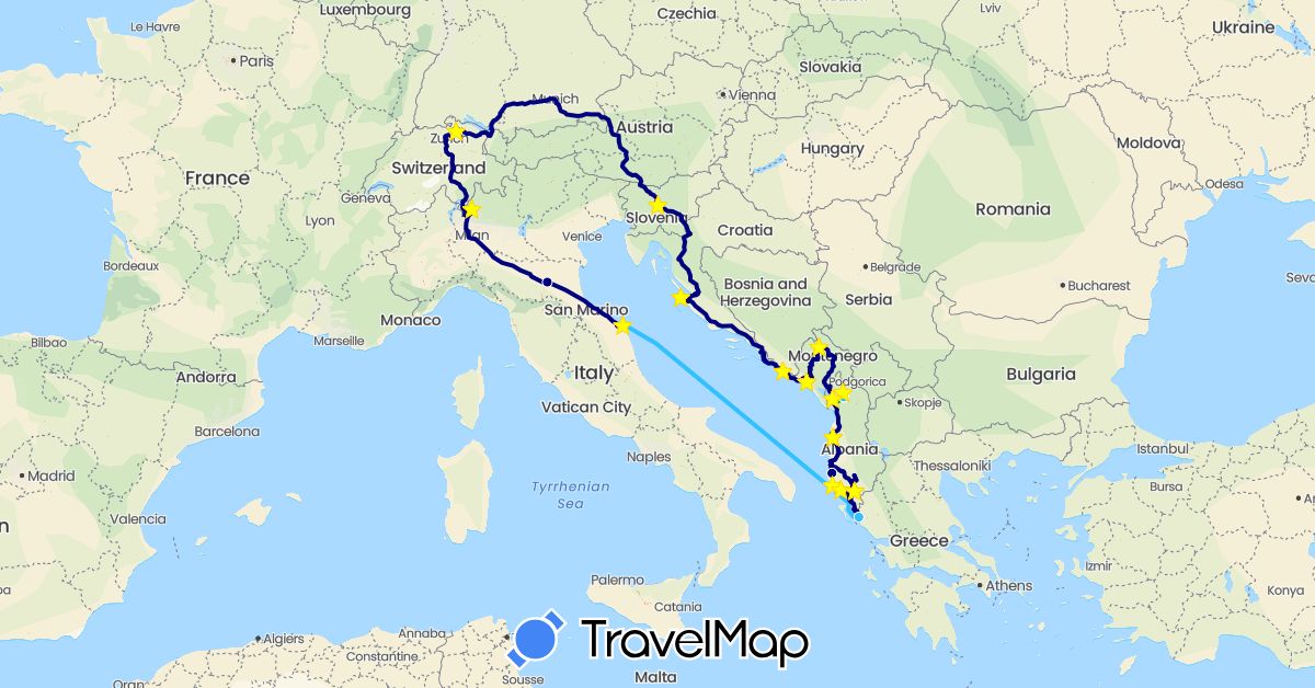 TravelMap itinerary: driving, bus, hiking, boat in Albania, Switzerland, Greece, Croatia, Italy, Montenegro, Slovenia (Europe)